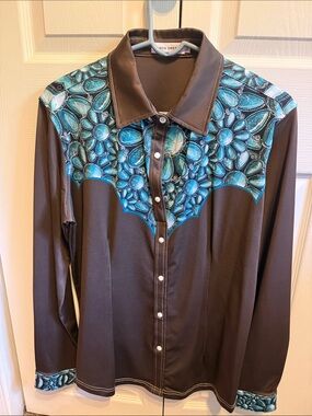 Brown Button-Down Shirt with Teal Floral-Yoke - Unbranded